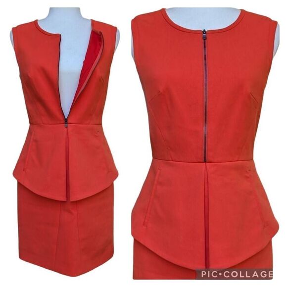 tibi Orange Reddish Peplum Mini Dress Two Zip Stretch Lined Size 4 City Cocktail - Picture 6 of 14